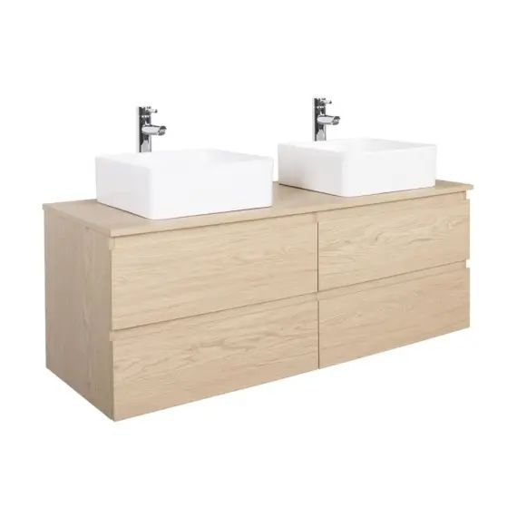 Meuble double vasque 120cm avec plan bois  Décor chêne+vasque+robinet