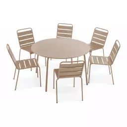 Ensemble table de jardin ronde et 6 chaises en métal taupe