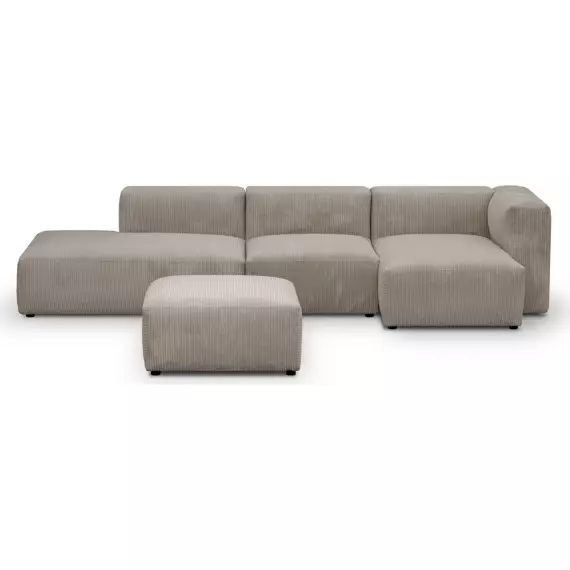 Canapé modulable angle droit 5 places en velours côtelé taupe + pouf