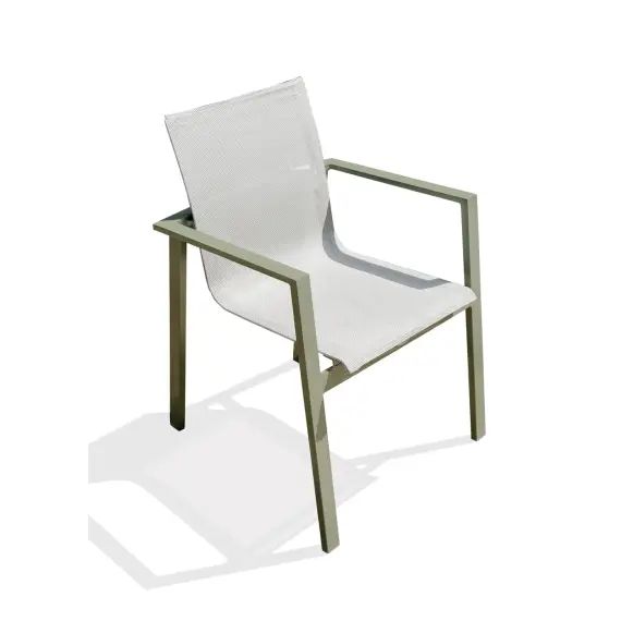 Fauteuil de jardin empilable en alu kaki et toile plastifiée grise