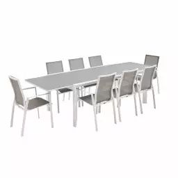 Salon de jardin blanc et taupe en aluminium table et 8 fauteuils