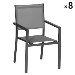 Lot de 8 chaises en aluminium anthracite et textilène gris