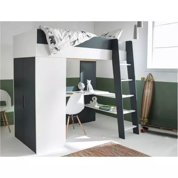 Lit mezzanine avec armoire et bureau OPUS – Blanc/Bleu nuit multicolore
