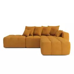 Canapé d’angle droit convertible en tissu 5 places moutarde