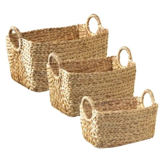 Lot de 3 Paniers en Jacinthe d&rsquo;eau avec poignées – Marron