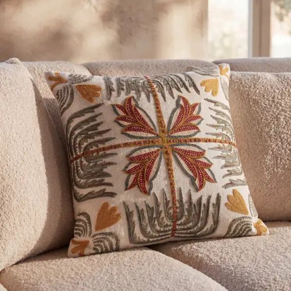 Housse de coussin en coton brodé motif exotique multicolore imprimé 40×40