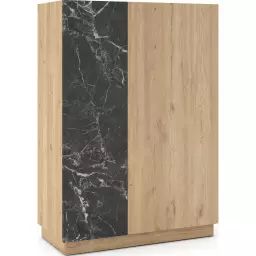 Buffet haut 2 portes effet bois et marbre noir 90 cm
