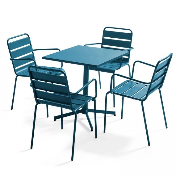 Table de jardin carrée et 4 fauteuils en métal pacific