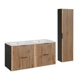 Ensemble meuble double vasque encastrée 120cm et colonne naturel