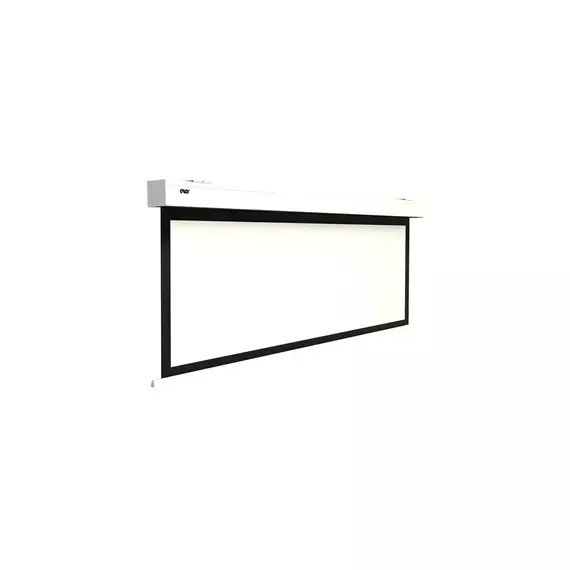 Ecran de projection Oray Ecran motorise : Squar »HC Format image 164 x 262cmSurface de projection blanc mat a dos noir et cadrage noir.