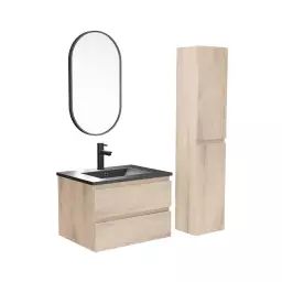 Meuble simple vasque 60cm  chêne+vasque noire+robinet+miroir+colonne