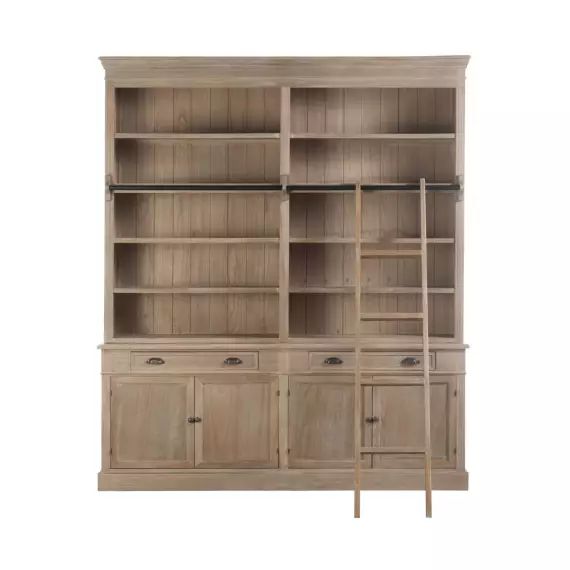 Bibliothèque avec échelle bois massif – L200 cm x H232.5 cm – Marron