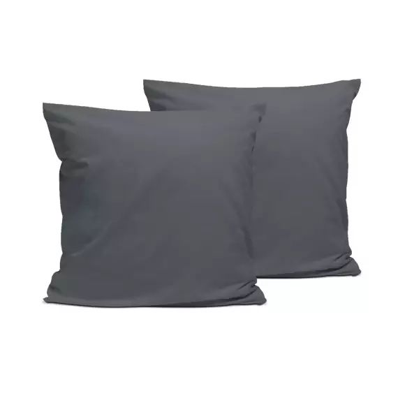 Lot de 2 taies d’oreiller unies en percale de coton anthracite 65x65cm