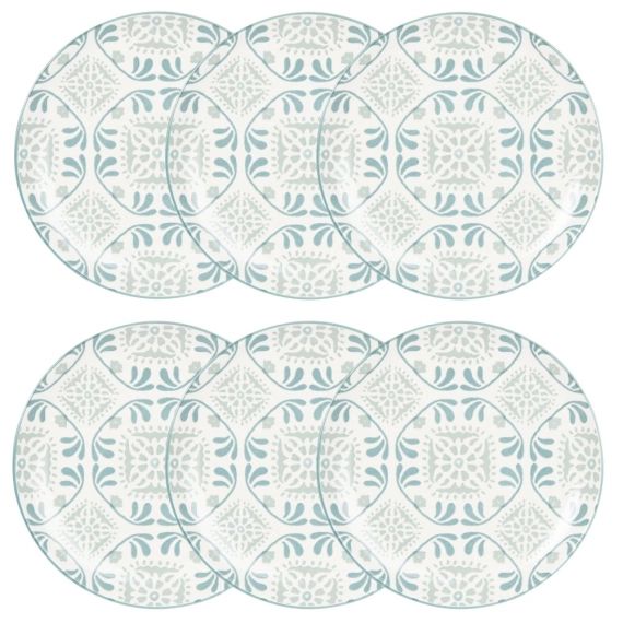 Assiette plate en grès blanc à motifs bleus et gris