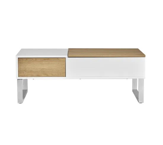Table basse 2 tiroirs L.100 cm NIZA avec plateau relevable Blanc imitation chêne