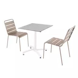 Ensemble table de jardin stratifié béton gris et 2 chaises taupe