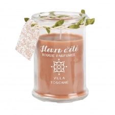 Bougie parfumée rose en verre imprimé blanc et couronne de fleurs