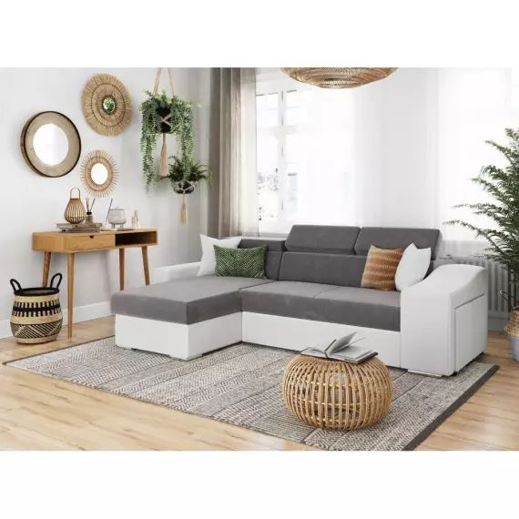 Canapé d’Angle ELONA Convertible en Microfibre et Simili avec poufs – Blanc/Gris, Rangement poufs à droite – 264 x 162 x 75 cm – Usinestreet