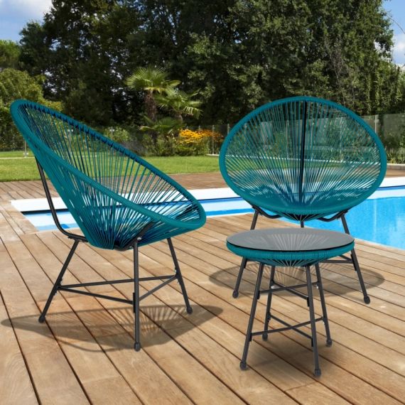 Salon de jardin IZMIR table et 2 fauteuils oeuf cordage bleu canard