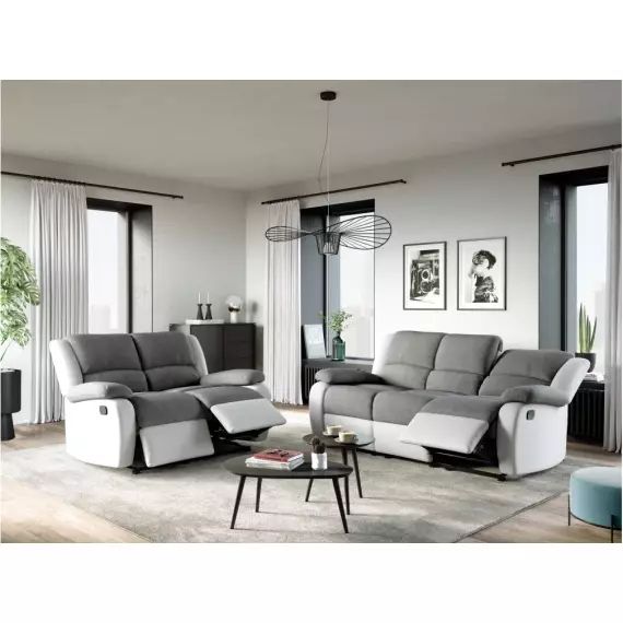 Canapé Relaxation 3 places Microfibre et Simili DETENTE – Blanc et Gris – 193 x 93 x 96 cm – Usinestreet