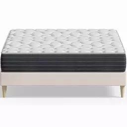 Pack lit 160×200 en velours beige + Matelas mémoire de forme