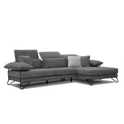 Canapé d’angle droit 4 places en tissu gris foncé avec coussins déco