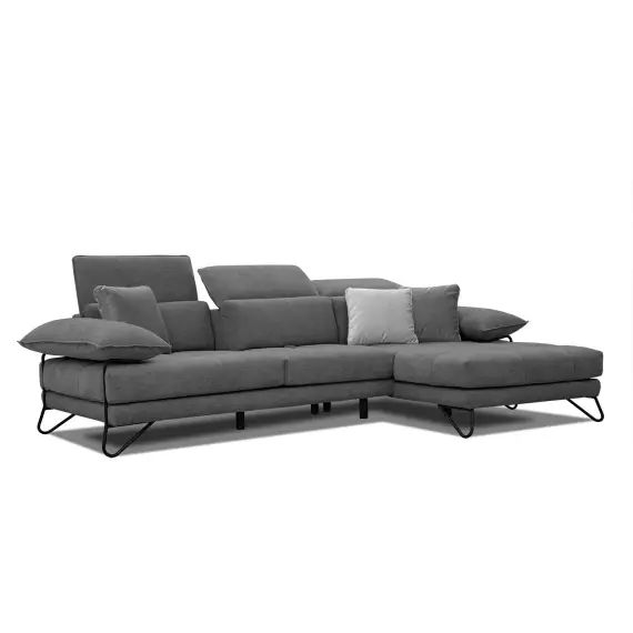 Canapé d’angle droit 4 places en tissu gris foncé avec coussins déco