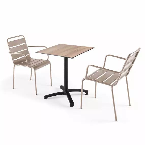 Ensemble table de jardin stratifié chene foncé et 2 fauteuils taupe