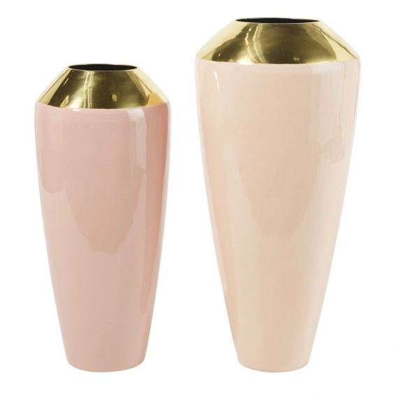 2 vases roses et métal doré H56