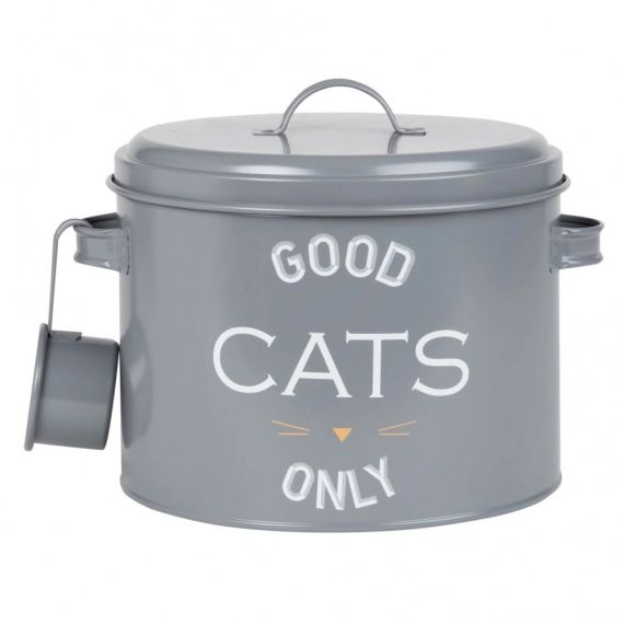 Boîte à croquettes pour chat en métal gris imprimé avec louche