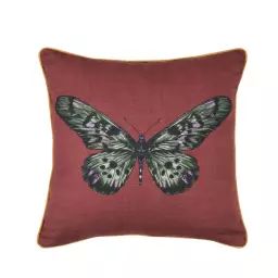 Coussin déhoussable imprimé papillon coton grenache 40 x 40