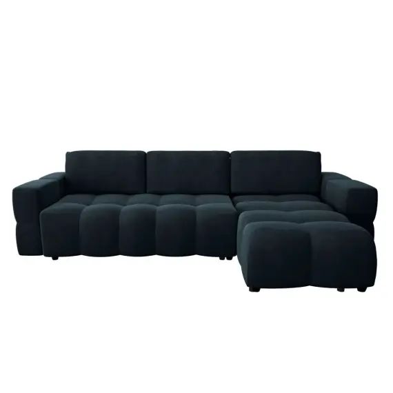 Canapé d&rsquo;angle droit convertible coffre velours bleu paon 260cm