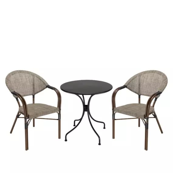 Salon de jardin 2 personnes – 1 table ronde 70cm 2 chaises textilène