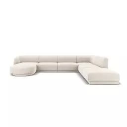 Canapé d’angle côté droit 6 places en tissu velours beige clair