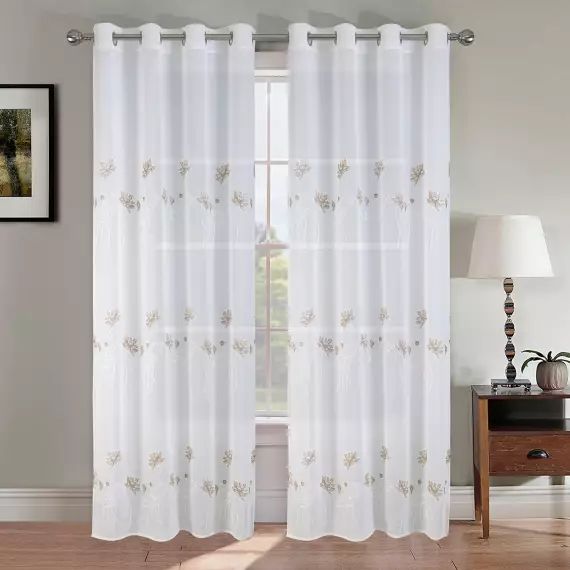 Paire de voilage fleurie et plombée polyester taupe 2 x 140 x 260 cm