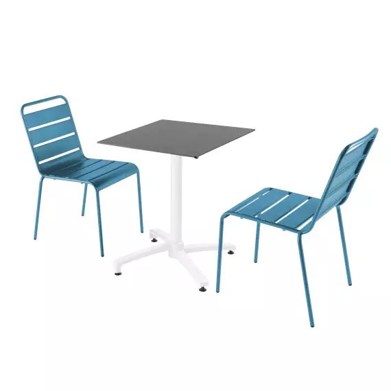 Ensemble table de jardin stratifié ardoise et 2 chaises bleu pacific