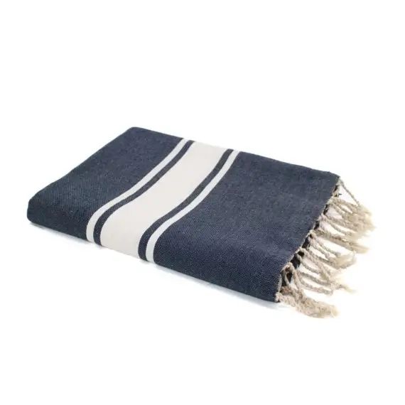 Fouta en coton bande blanche 100×200 Bleu jean