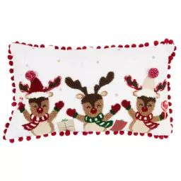 Housse de coussin motifs cerfs de Noël rouges, verts, dorés et blancs 50×30