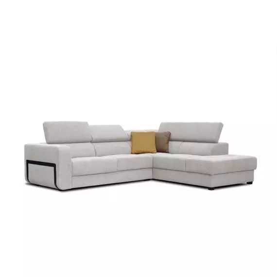 Canapé d’angle droit 5 places en tissu beige clair avec coussins déco