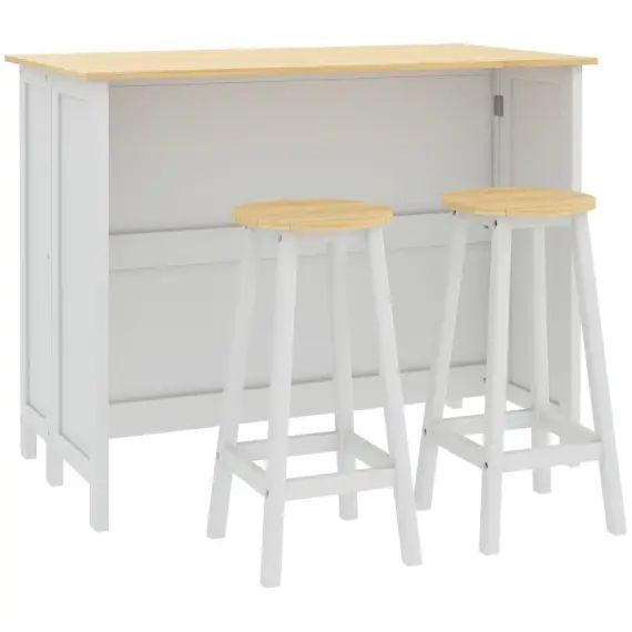 Ensemble îlot central de cuisine 2 tabourets de bar blanc chêne clair