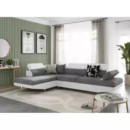 Canapé d’angle RIO Convertible avec coffre en tissu et simili – Angle Gauche, Blanc et Gris – 271 x 192 x 85 cm – Usinestreet