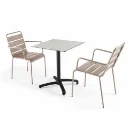 Ensemble table de jardin stratifié terrazzo et 2 fauteuils taupe