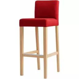 Chaise de bar tissu rembourrée rouge pieds bois massif clair