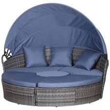 Lit canapé de jardin modulable 8 coussins résine grise polyester bleu