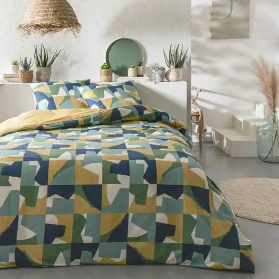 Parure de lit 2 personnes coton  imprimé vert 260x240cm