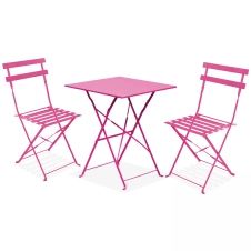 Table de jardin et 2 chaises acier rose