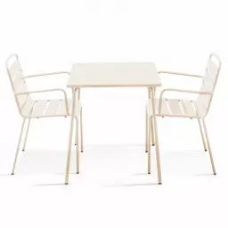 Ensemble table de jardin carrée et 2 fauteuils acier ivoire