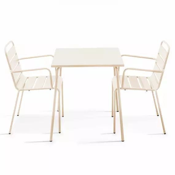 Ensemble table de jardin carrée et 2 fauteuils acier ivoire