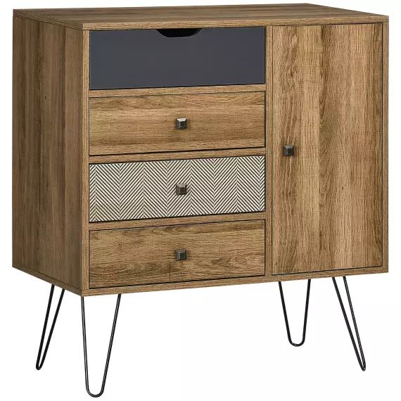 Buffet style industriel motif graphique – porte, étagère, 4 tiroirs