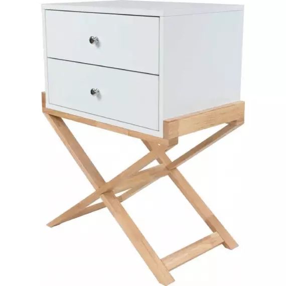 Table de chevet 2 tiroirs couleur blanc et bois clair